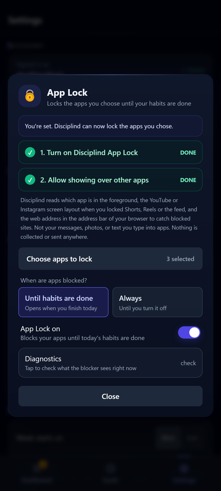 App Lock in Disciplind, set to block apps until habits are done