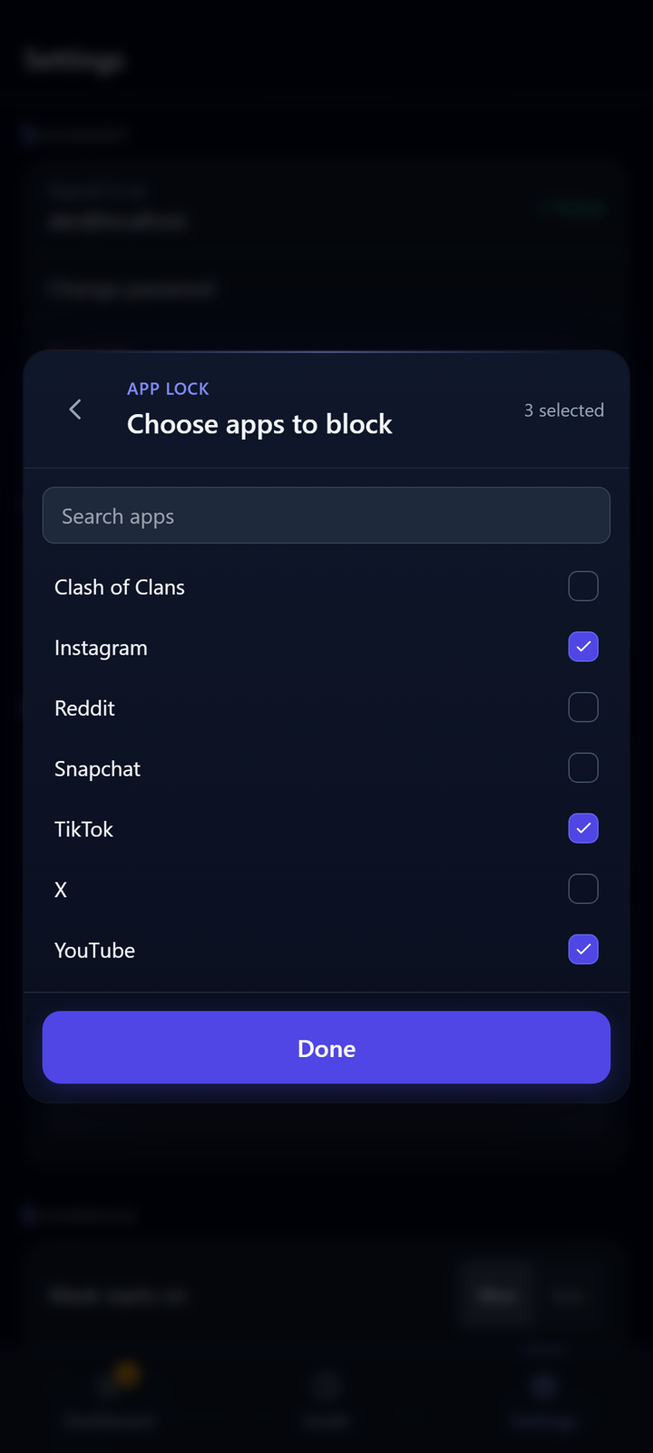 Choosing which apps to block in Disciplind